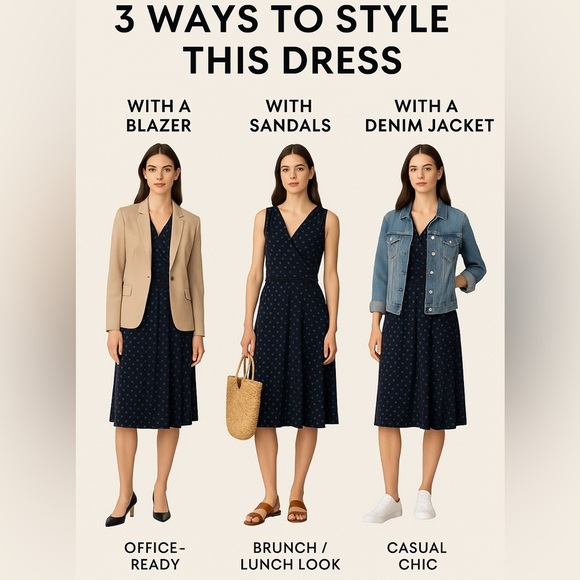 Ralph Lauren Chic Navy Polka Dot Wrap Dress Flattering A-Line Midi Sleeveless - Picture 2 of 5